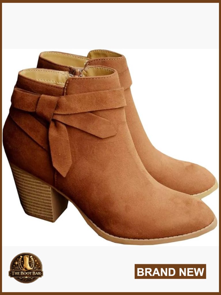 Women's Ankle Booties With Stacked Heel, Strappy Bow Tie, Zipper Closure